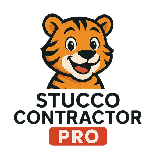 Cartoon tiger smiling above bold text that reads “STUCCO CONTRACTOR” with a red rectangle below containing the word “PRO” in white letters.