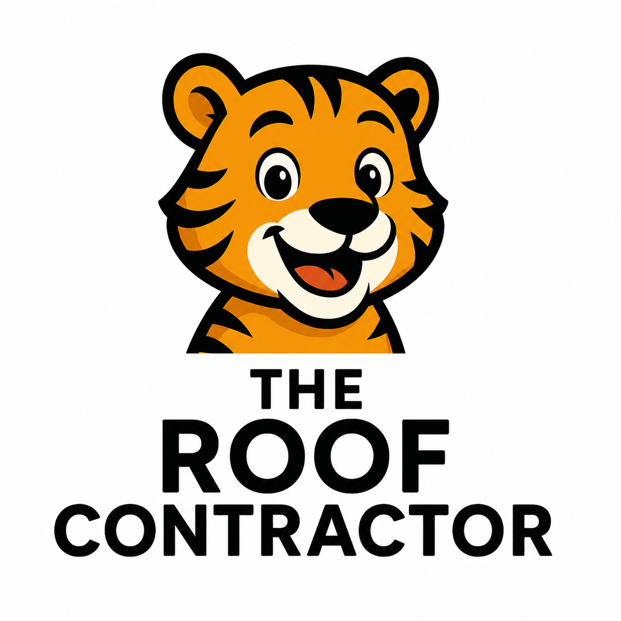 A smiling cartoon tiger head appears above the bold black text THE ROOF CONTRACTOR on a white background.