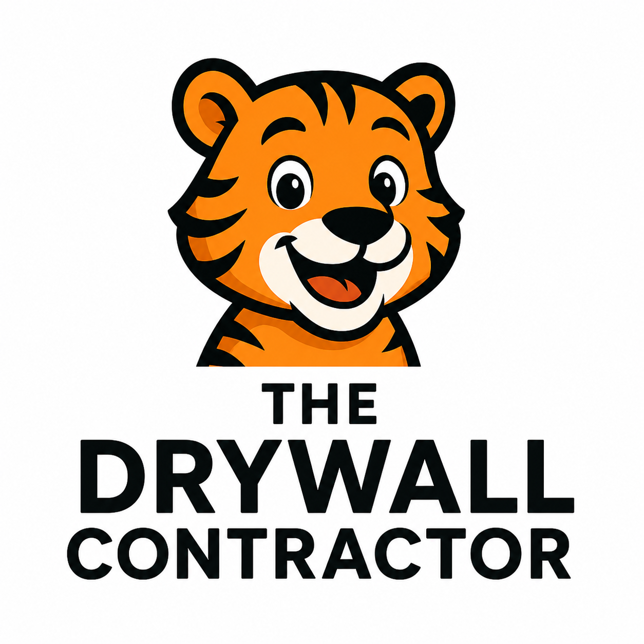 A cartoon tiger smiles above bold black text reading THE DRYWALL CONTRACTOR on a white background.